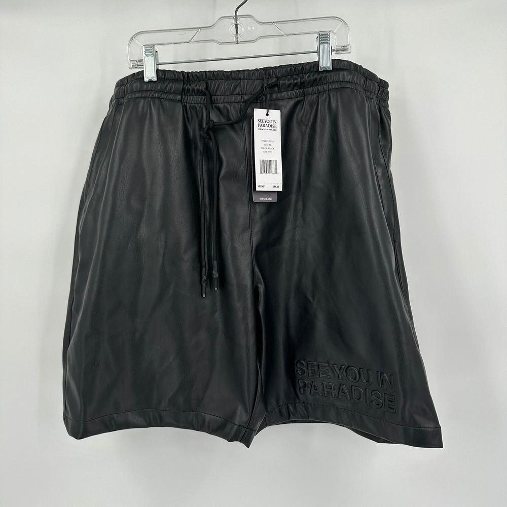 See You In Paradise Mens Faux Leather Shorts Size XL‎ Black Streetwear Edgy